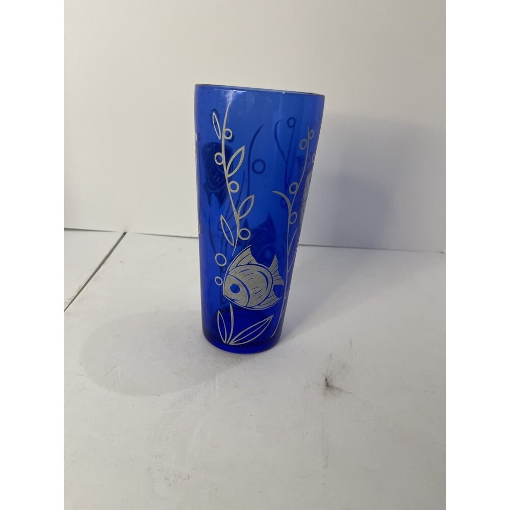Vintage MCM Hazel Atlas Glass Cobalt Blue Angel Fish Cocktail Shaker c.1955